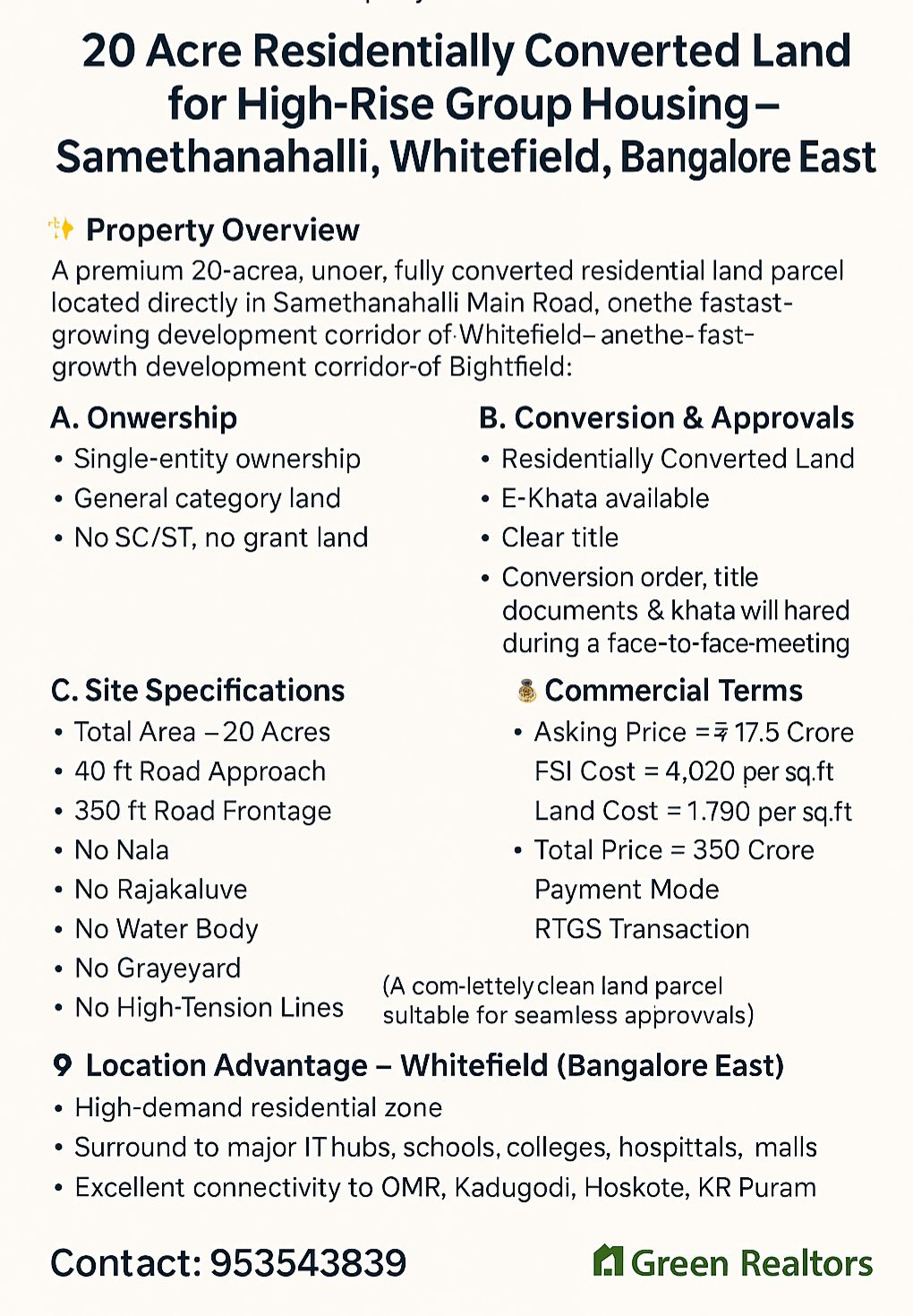 🆔 *Property ID –5160*  🏙️🏢 *20 Acre Residentially Converted Land for High-Rise Group Housing* – *Samethanahalli, Whitefield, Bangalore East
